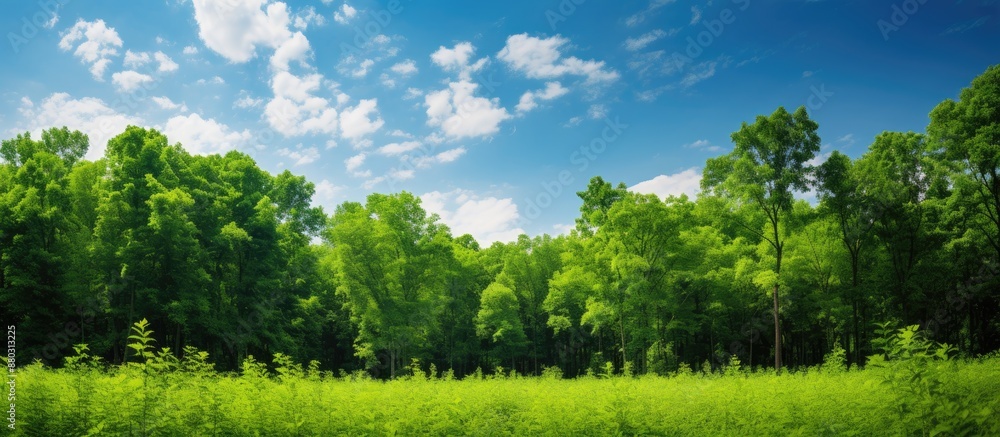Poster a verdant forest with lush green leaves against a backdrop of a clear blue sky, creating a vibrant s