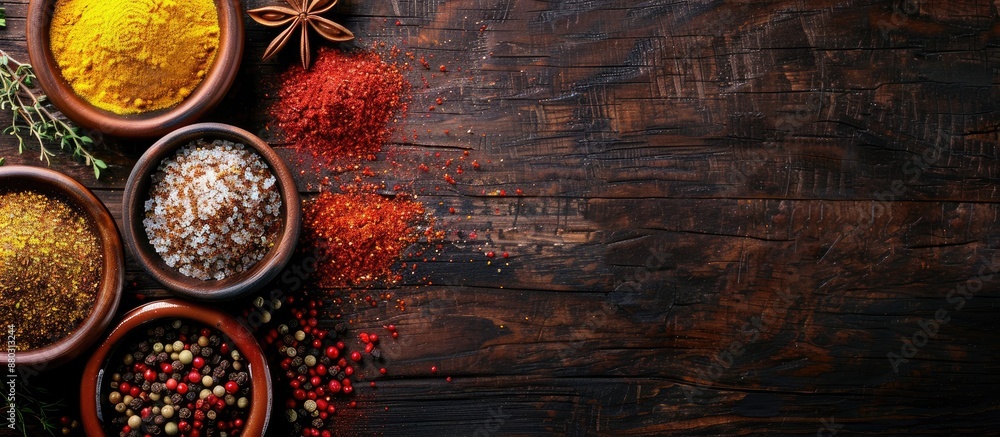 Poster Various spices arranged on a dark wooden surface with copy space image.