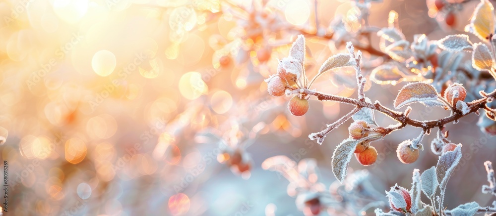 Fototapete snow-white branches of an apple tree with hoarfrost, set against a sunny winter background, creating