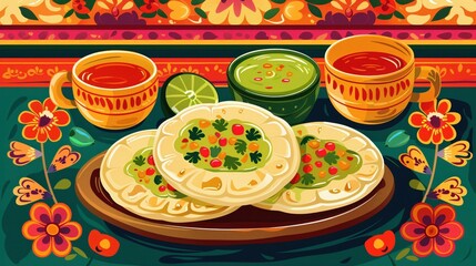 Pupusas and atole traditional colors flat design illustration