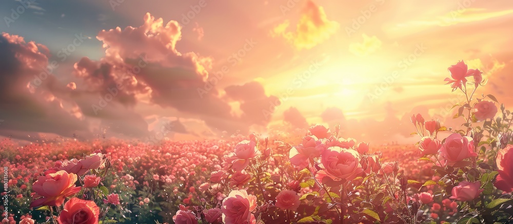 Poster roses blooming in a field with a beautiful sky in the background, perfect as a copy space image.
