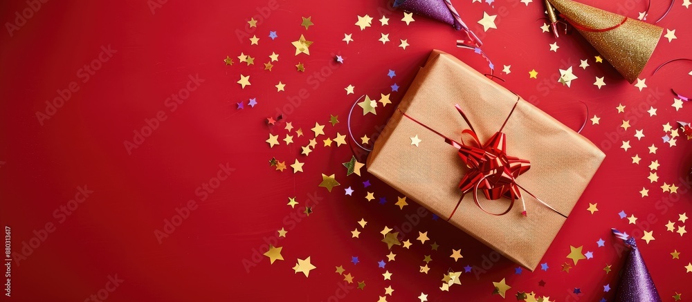 Poster golden and purple star-shaped confetti and a wrapped present, party hats against a red backdrop, wit