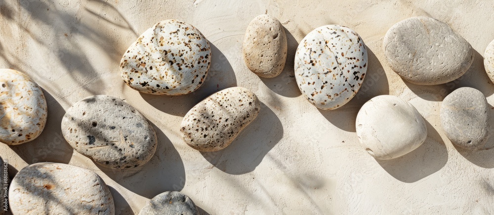 Poster granite stones arranged on a beige surface with shadows, suitable for copy space image.