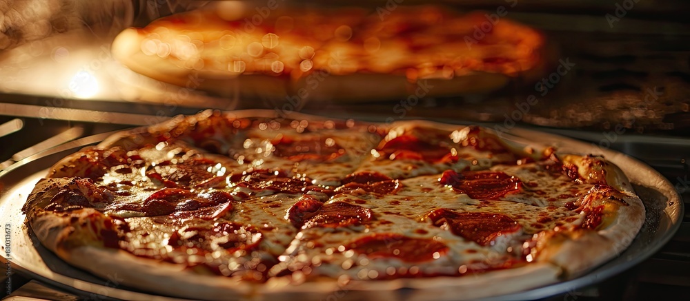 Poster High-resolution photo featuring two pizzas on a pan with copy space image available.
