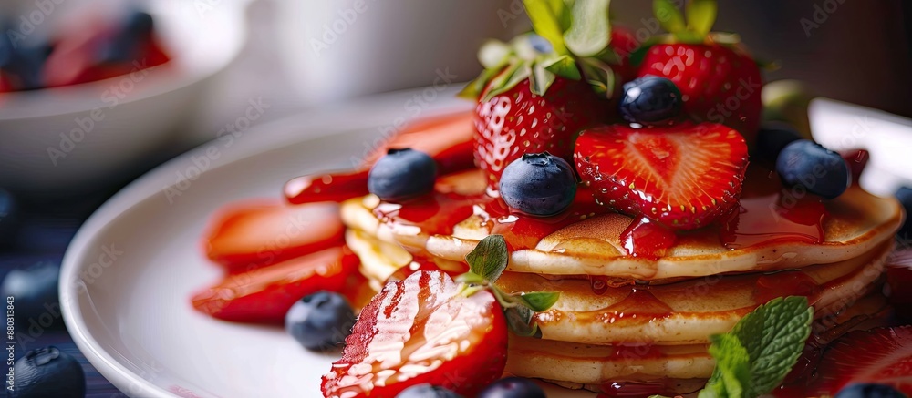 Poster close-up of scrumptious pancakes topped with strawberries, blueberries, and fresh mint on a bright t