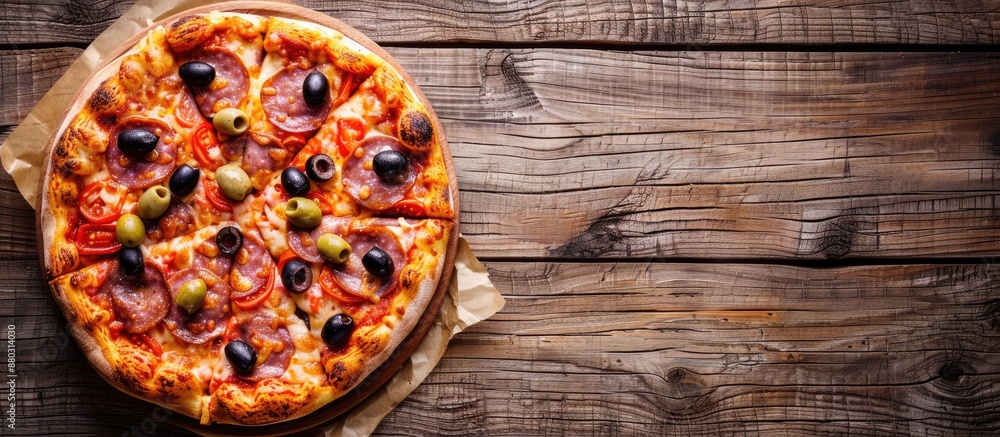 Poster Top view of a delicious pizza topped with olives and sausages on a wooden table with copy space image.