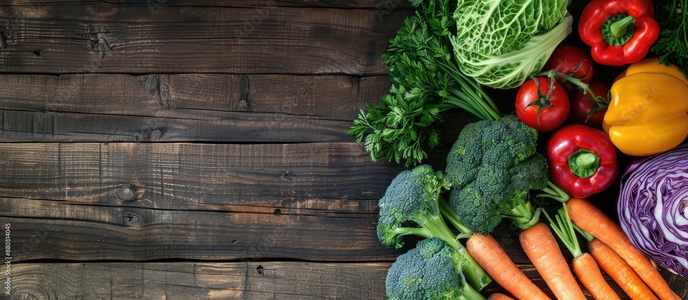 Poster an overhead view of a mix of fresh vegetables such as carrots, savoy cabbage, broccoli, onions, and 
