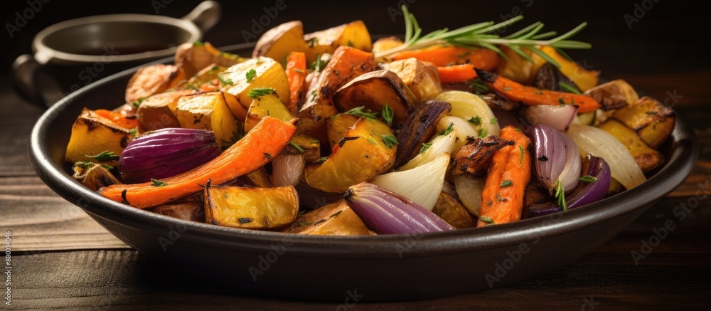 Poster roasted root vegetables including baked parsnip root, red onions, carrots, and garlic, ideal for a v