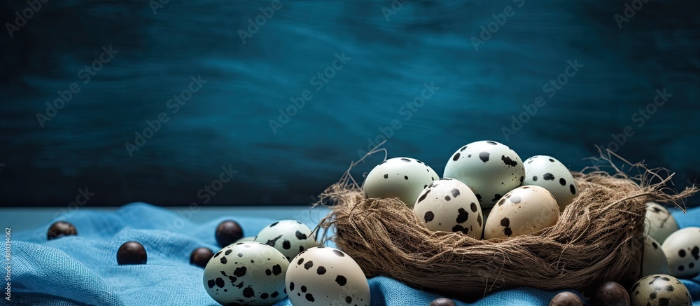 Poster rustic easter theme with quail eggs on a blue fabric, offering ample copy space image.