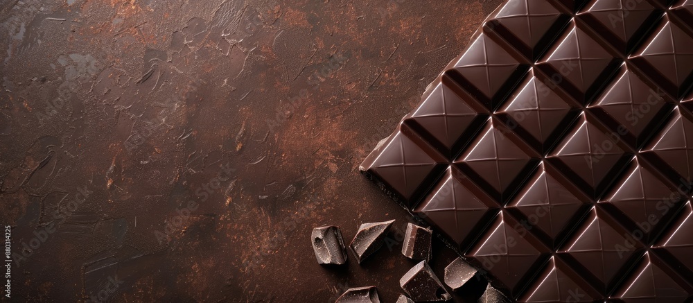 Poster close-up view of a delicious dark chocolate bar with ample copy space image.
