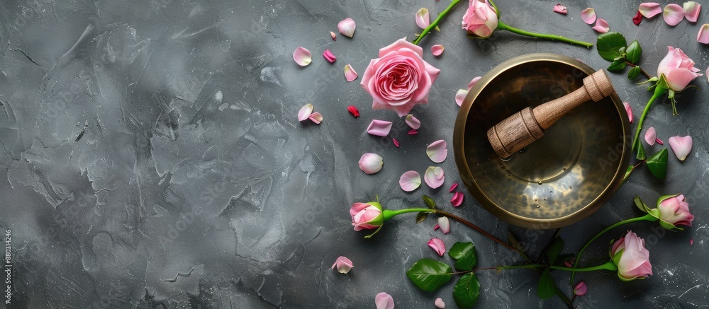 Poster above view of a tibetan singing bowl placed on a gray table with water, lovely rose flowers, and a m