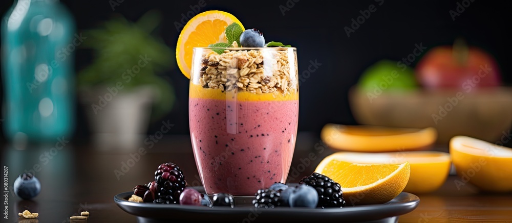 Poster selective focus on an orange persimmon blueberry smoothie with granola and fruits in the background.