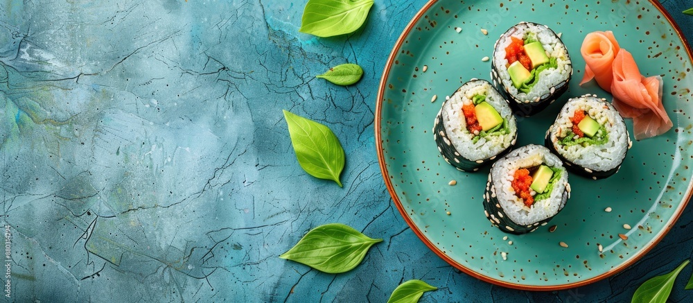 Poster sushi rolls with creamy avocado slices elegantly displayed on a blue plate in a copy space image.