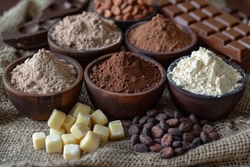 Artistic Arrangement of Cocoa Products on Textured Cloth with Natural Lighting.