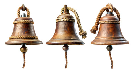 Sea bell set isolated on transparent white background, png. Old vintage sea bells collection