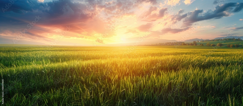 Poster scenic green field with a stunning sunset glow providing a great backdrop for a copy space image.