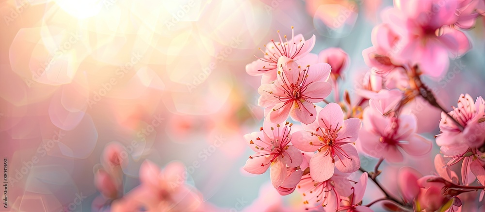 Aufkleber pink flowers on a sunny spring day with a blurred background create an appealing copy space image.