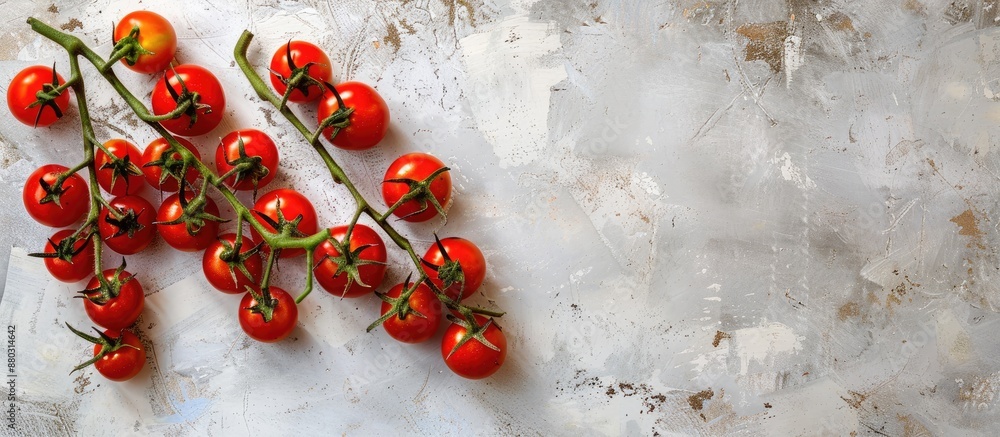Poster Rustic white background with tomatoes on the vine creating an appealing copy space image.