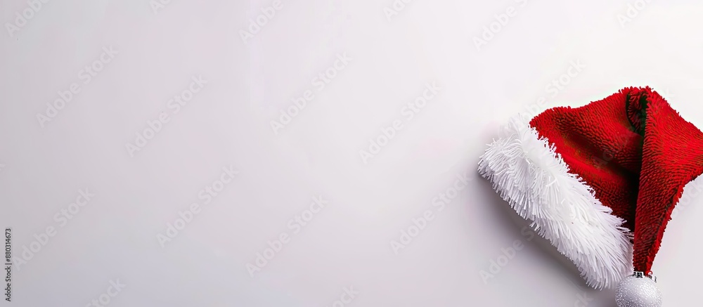 Aufkleber high angle shot of a red christmas hat on a white background featuring copy space on the left side o
