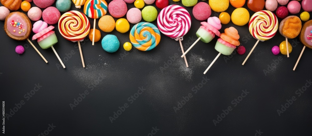 Poster various colorful confections like lollipops, macaroons, marshmallows, marmalade, and candies arrange