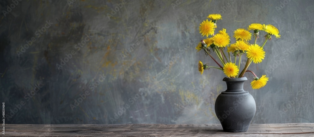 Poster a banner displays vibrant yellow dandelions in a vase on a wooden table against a grey textured back