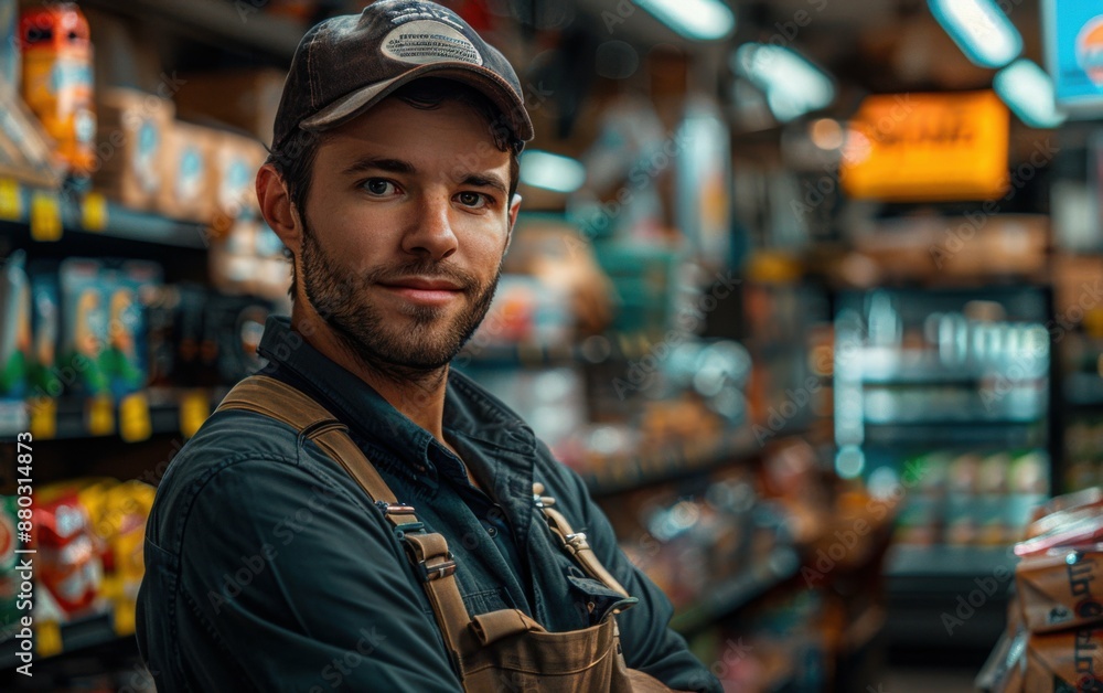 Poster a man in a hat and apron stands in a store with a smile on his face. he is posing for a picture in f