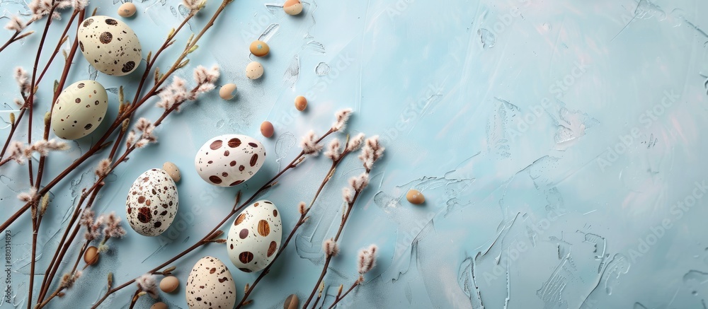 Poster flatlay with easter decorative eggs and branches on a soft blue pastel backdrop featuring a craft qu