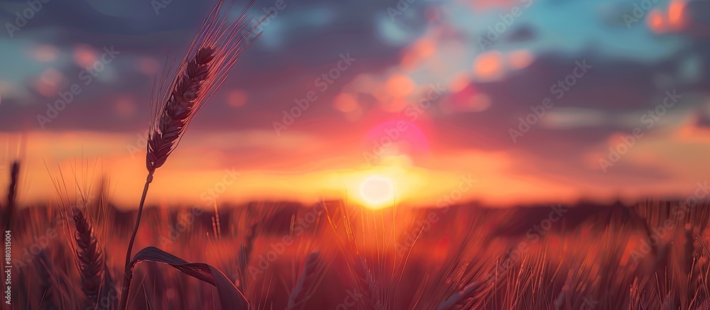 Poster A single ear of wheat set against a sunset backdrop is captured in a dark exposure with ample copy space image.