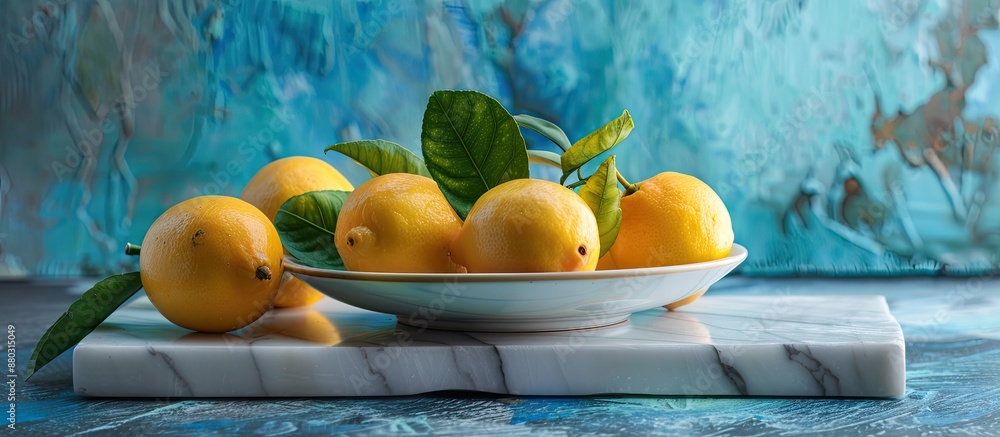 Poster Close-up view of a white bowl holding fresh Meyer lemons on a marble board with a blue background creating a captivating copy space image.