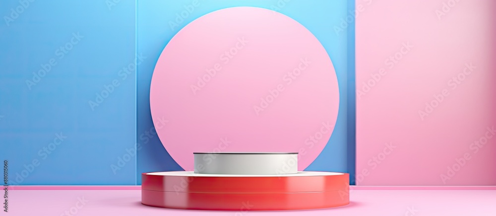 Leinwandbilder Front view of a podium display with a pink and blue background, featuring copy space image.