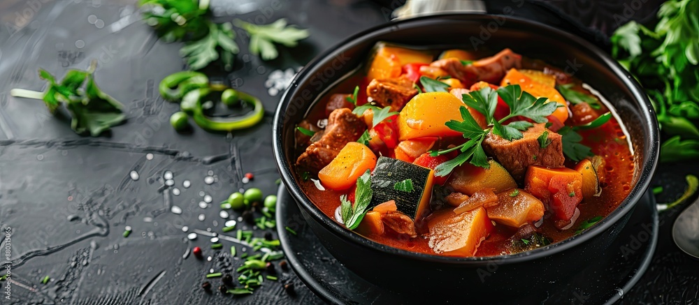 Poster close-up shot of vegetable stew in a black bowl with available copy space image included.