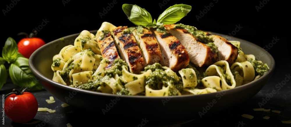 Poster grilled chicken pasta with basil pesto, having a fresh and appetizing appearance, will make for an i