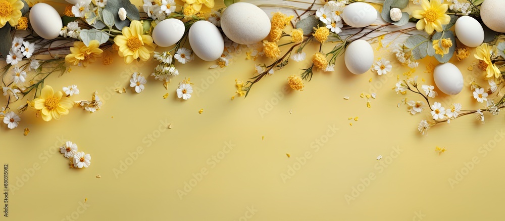 Aufkleber Easter-themed backdrop with yellow hues displaying spring blooms, ornate eggs. Top-down view allows for additional content. Ideal for Easter themes.