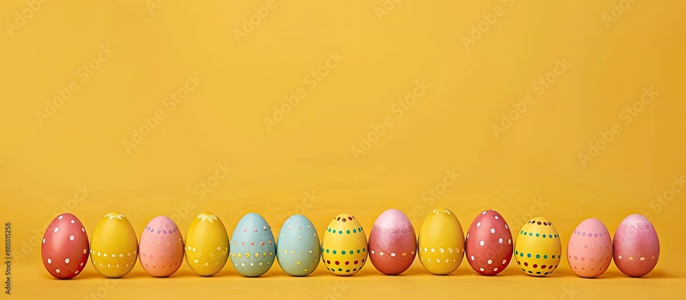 Aufkleber Easter theme with colorful eggs arranged in two rows on a yellow background. Horizontal frame for a banner with a flat layout featuring ample copy space image to add text.