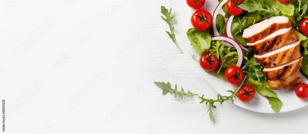 Poster A healthy lunch option displayed on a white table featuring a banner and copy space image with a salad made of roasted chicken fillet, lettuce, arugula, and tomatoes.