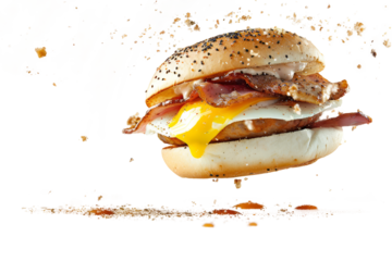 A breakfast sandwich soaring through the air, filled with eggs, cheese, and a sausage patty.