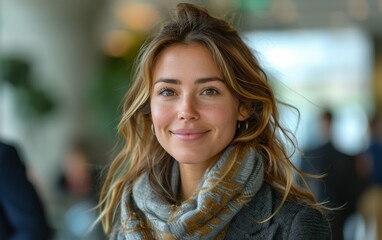 Obraz premium A woman with long brown hair and a scarf around her neck is smiling. She is wearing a black coat and a gold earring