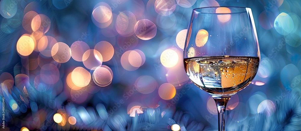 Poster blue colored circle light bokeh background with a wine glass in the copy space image.