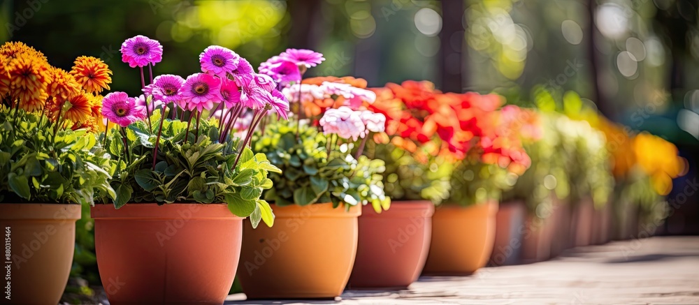 Aufkleber flowers in pots with colorful blur in an abstract garden setting, perfect for advertising with copy 