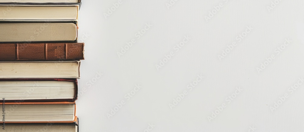 Poster Educational concept displayed with a row of stacked books on a white background, allowing for copy space image.