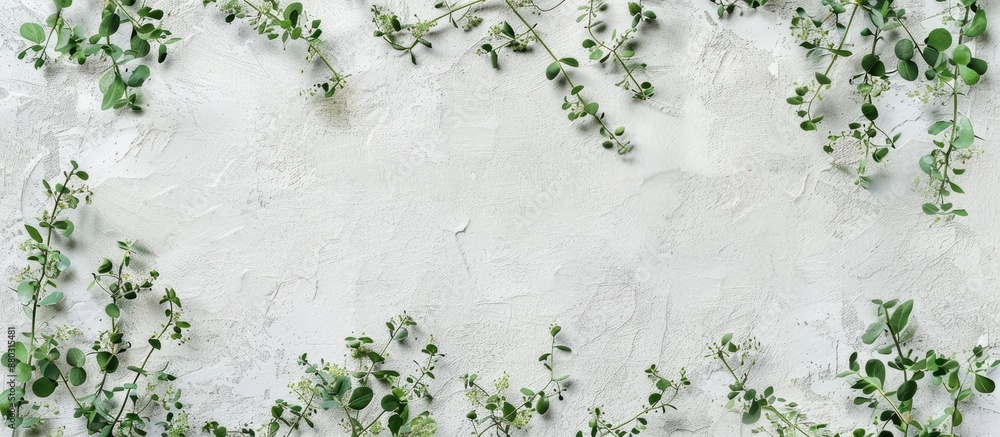 Poster a white textured background with mint branches, providing ample copy space in a top view horizontal 