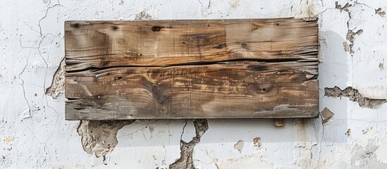 Wooden sign board on white concrete wall with visible cracks, with space for adding text or images.