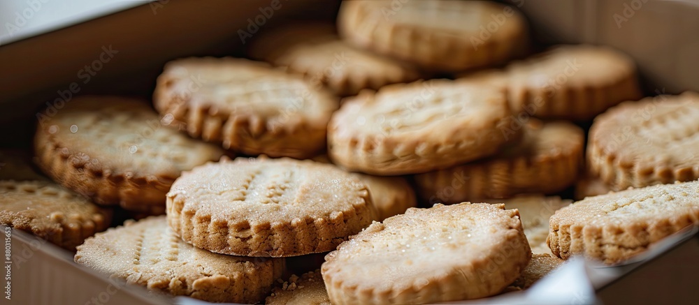 Poster Close-up of shortbread cookies in a box, serving as a background for copy space image.