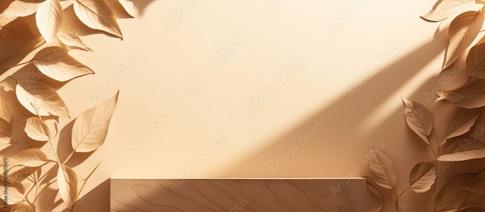 Poster top-down view of a wooden podium with leaf shadows on a beige backdrop, ideal for product showcasing
