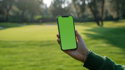 Smartphone mockup with green screen at golf course. 