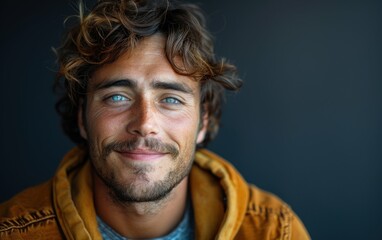 A man with a beard and blue eyes is smiling and wearing a brown jacket. Concept of warmth and friendliness