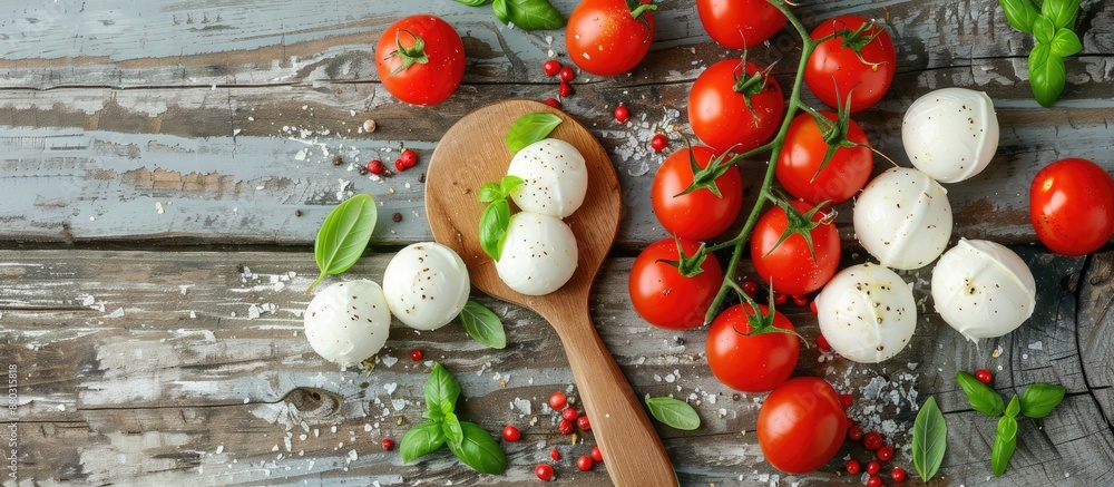 Poster Ingredients for Caprese salad displayed on a table tennis paddle with empty space for overlaying an image.