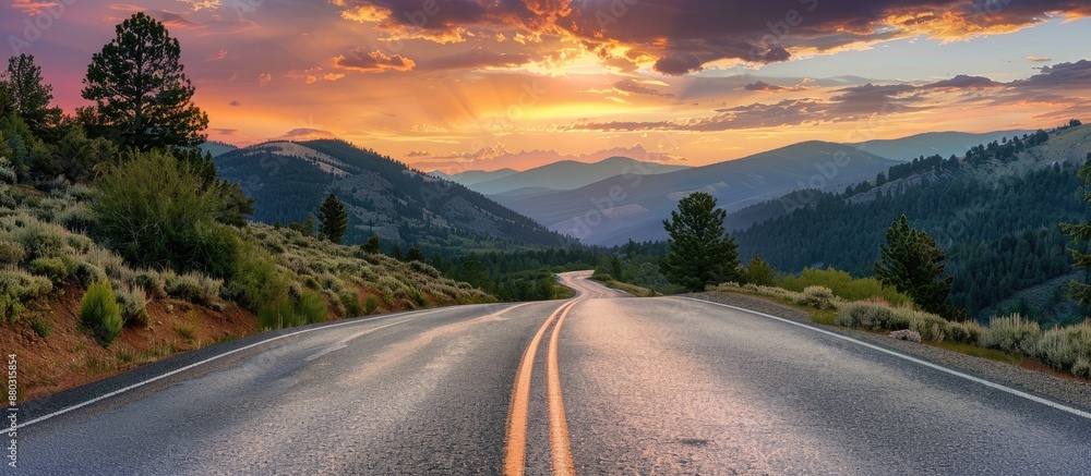Poster mountain road with a scenic sunset in the background creating a beautiful copy space image.