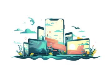 A wave of technological devices, such as smartphones and laptops, washing over a natural landscape.