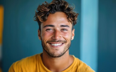 A man with a mustache and a smile is wearing a yellow shirt. He is looking at the camera and he is happy